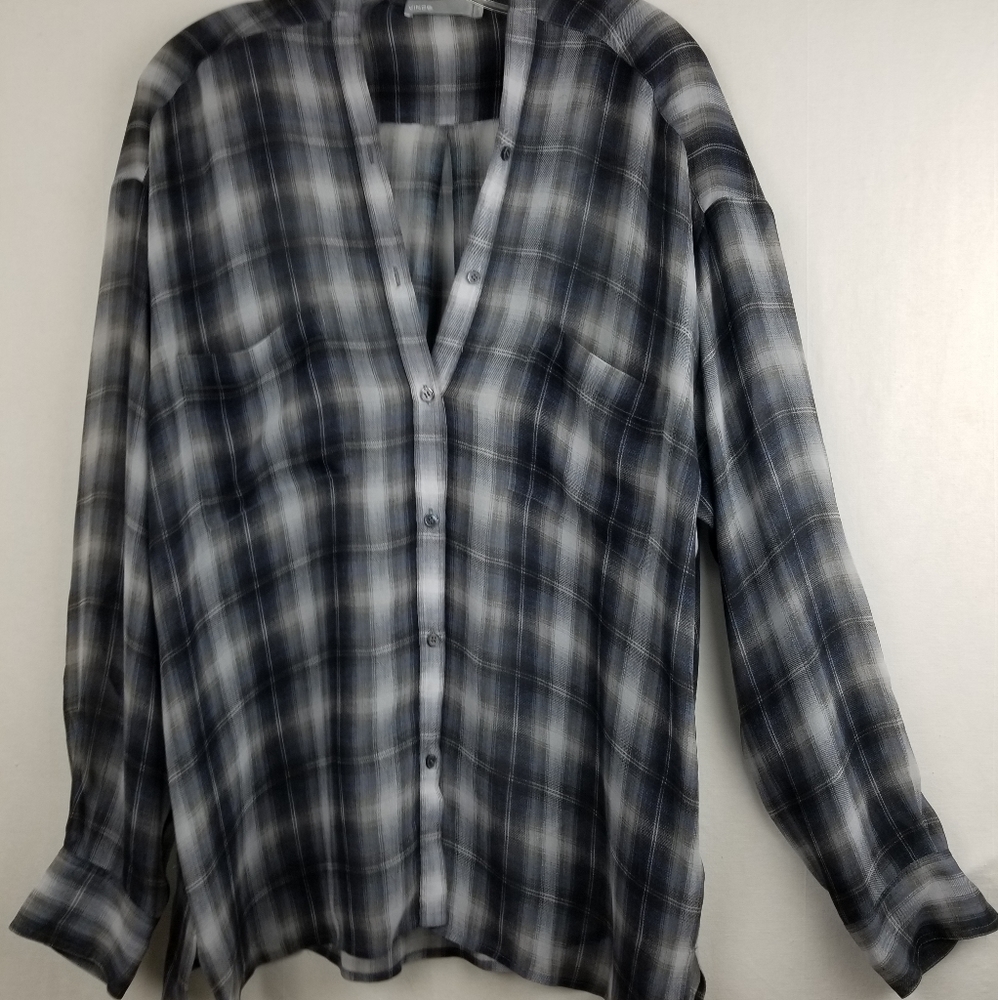 Vince Twilight Shadow Plaid Silk  V-neck Long Sleeve Tunic Top Sz XL - Picture 4 of 14